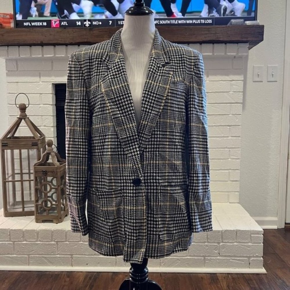 Pendleton Vintage Black Yellow Houndstooth Wool Blazer Size 14
